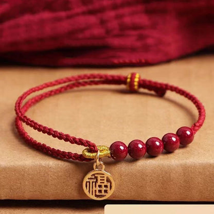 Mythstone Cinnabar Fu Character Beads Blessing Red String Handmade Braided Bracelet