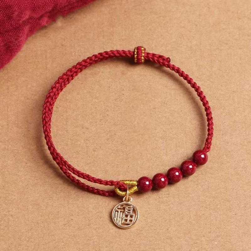 Mythstone Cinnabar Fu Character Beads Blessing Red String Handmade Braided Bracelet