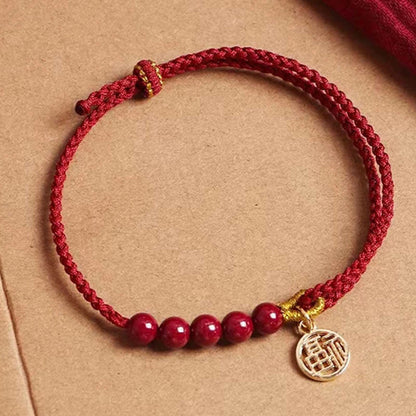 Mythstone Cinnabar Fu Character Beads Blessing Red String Handmade Braided Bracelet