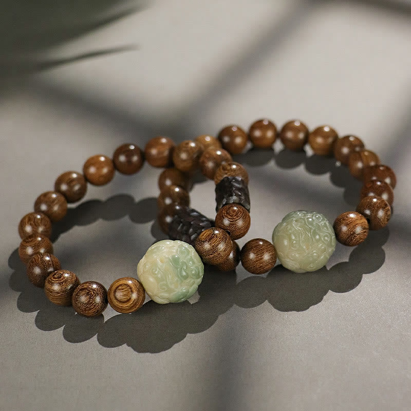 Pulsera curativa con cuentas de madera de ébano y semillas de Bodhi de sándalo y PiXiu