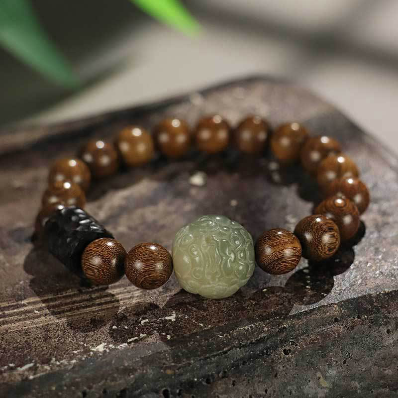 Pulsera curativa con cuentas de madera de ébano y semillas de Bodhi de sándalo y PiXiu