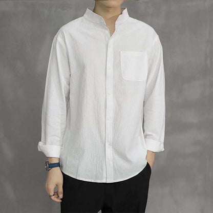 Camisa de lino cómoda de manga larga con cuello alto y bolsillo para hombre de Mythstone