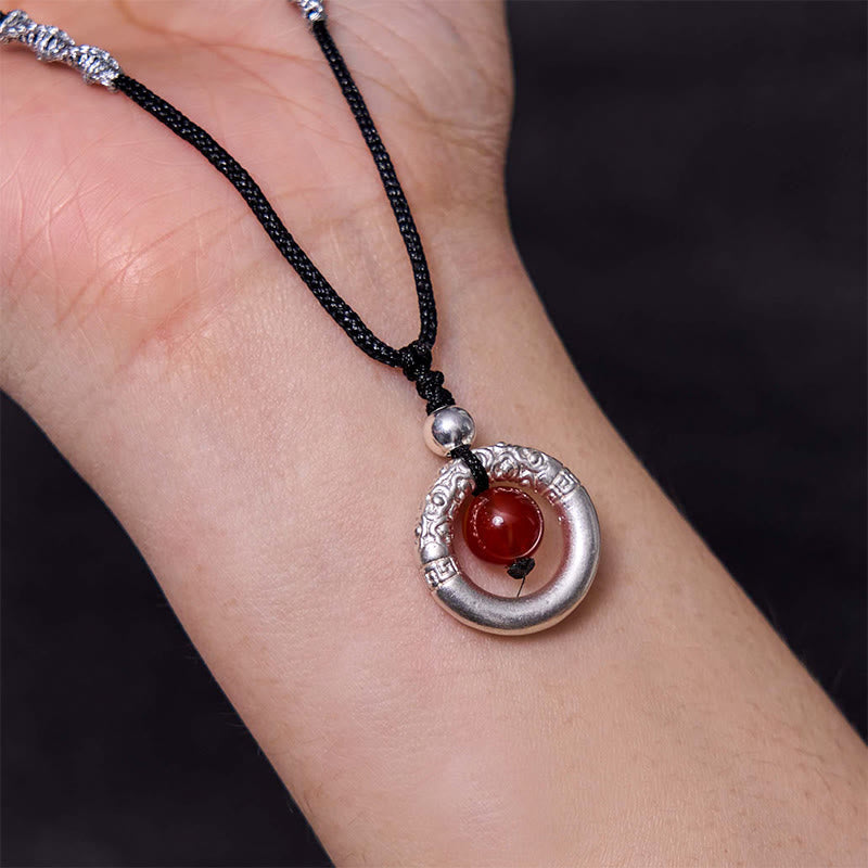 MythStone 999 Sterling Silver Red Agate Peace Buckle Blessing Necklace Pendant