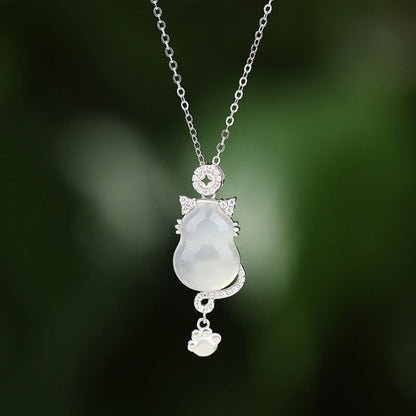 Mythstone 925 Sterling Silver 14k Gold White Jade Gourd Cat Protection Necklace Pendant