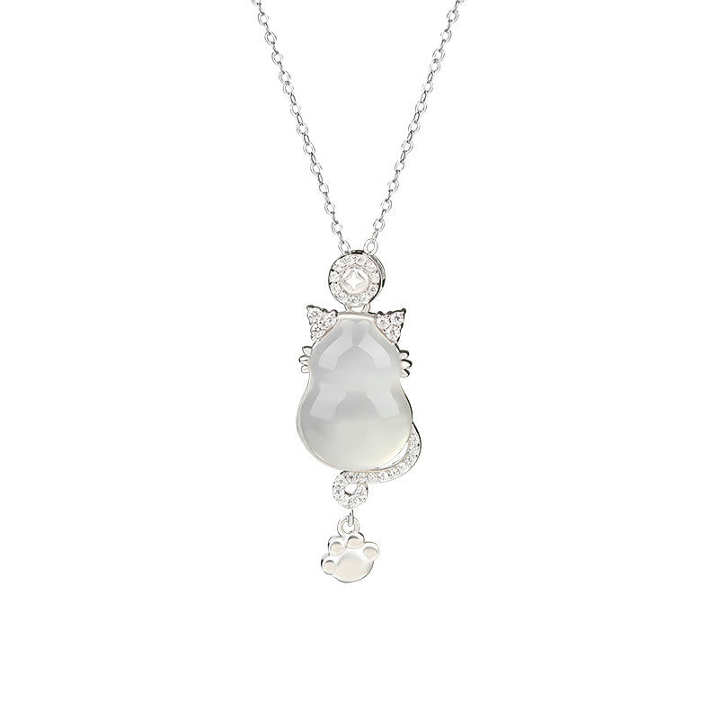 Mythstone 925 Sterling Silver 14k Gold White Jade Gourd Cat Protection Necklace Pendant