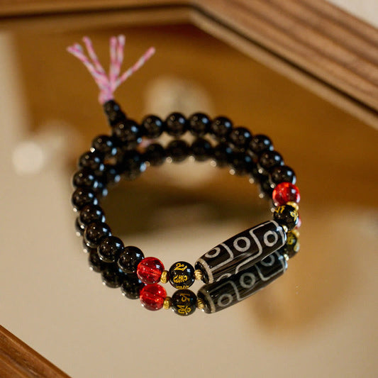 Mythstone Tibetan Nine-eye Dzi Bead Black Onyx Six True Words Wealth Protection Bracelet