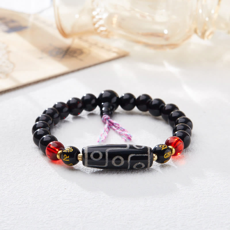 Pulsera de protección de riqueza con seis palabras verdaderas y cuentas Dzi tibetanas de nueve ojos de Mythstone de ónix negro