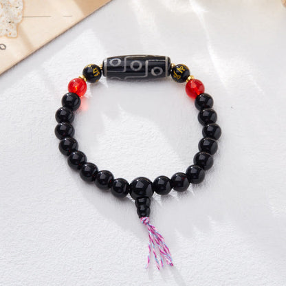 Pulsera de protección de riqueza con seis palabras verdaderas y cuentas Dzi tibetanas de nueve ojos de Mythstone de ónix negro