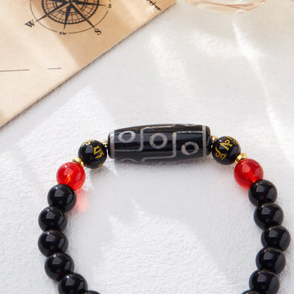 Pulsera de protección de riqueza con seis palabras verdaderas y cuentas Dzi tibetanas de nueve ojos de Mythstone de ónix negro