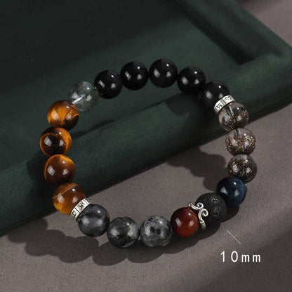 Mythstone 925 Sterling Silver Black Onyx Gold Sheen Obsidian Lava Rock Tiger Eye Six True Words Wealth Protection Bracelet