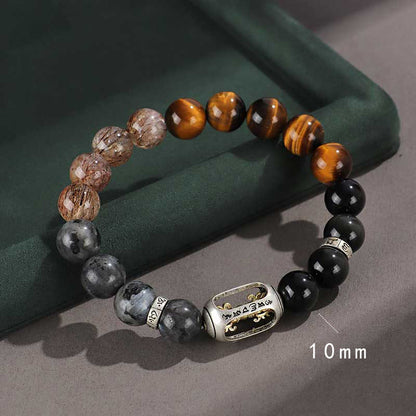 Mythstone 925 Sterling Silver Black Onyx Gold Sheen Obsidian Lava Rock Tiger Eye Six True Words Wealth Protection Bracelet