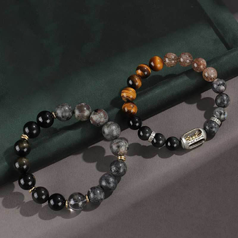 Mythstone 925 Sterling Silver Black Onyx Gold Sheen Obsidian Lava Rock Tiger Eye Six True Words Wealth Protection Bracelet