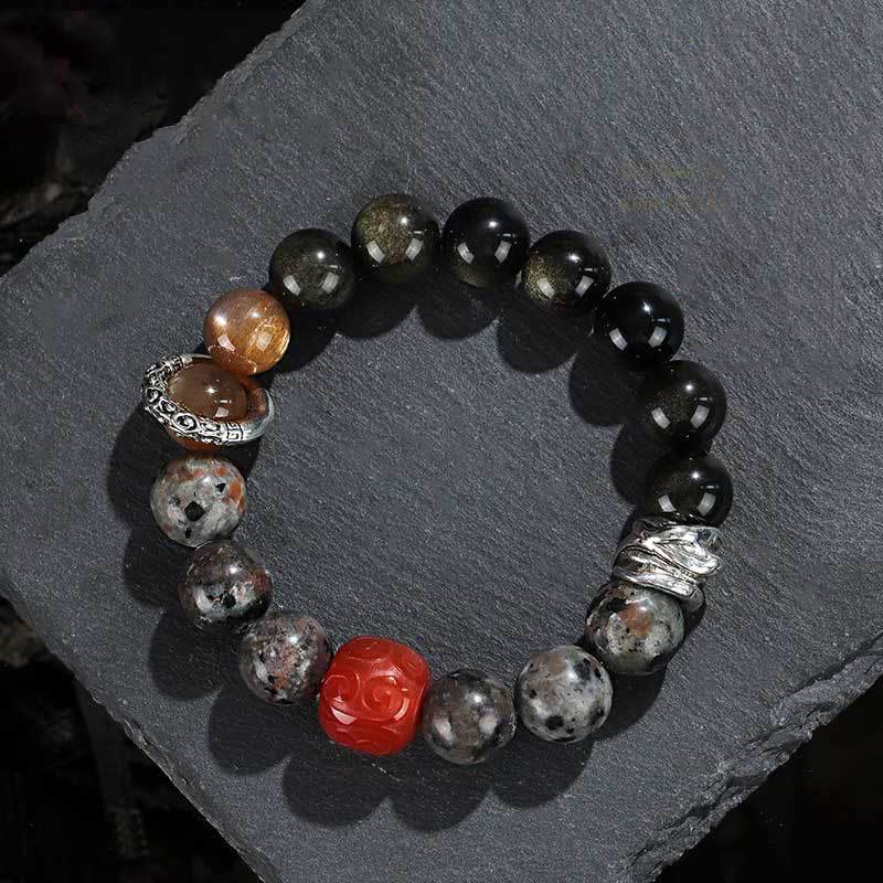 Mythstone Gold Sheen Obsidian Lava Rock Red Agate Protection Bracelet