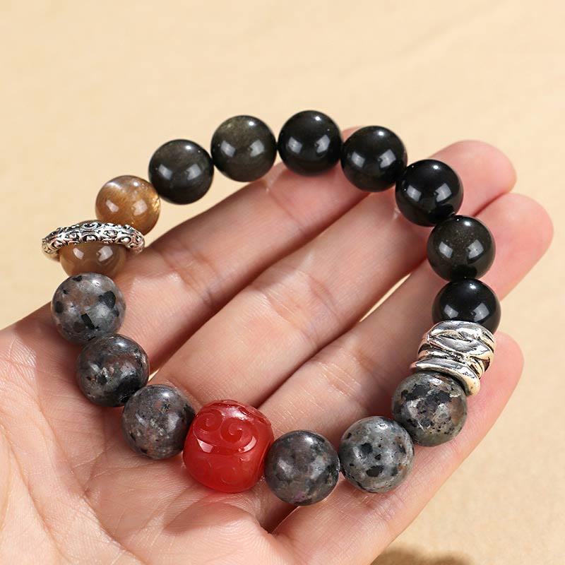 Mythstone Gold Sheen Obsidian Lava Rock Red Agate Protection Bracelet