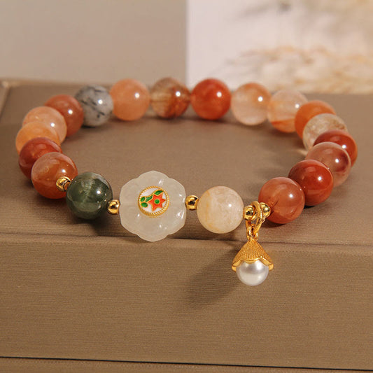 Mythstone Natural Fu Lu Shou Crystal Hetian White Jade Pearl Luck Bracelet