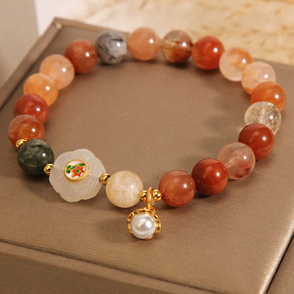 Mythstone Natural Fu Lu Shou Crystal Hetian White Jade Pearl Luck Bracelet