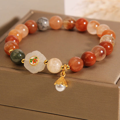 Mythstone Natural Fu Lu Shou Crystal Hetian White Jade Pearl Luck Bracelet