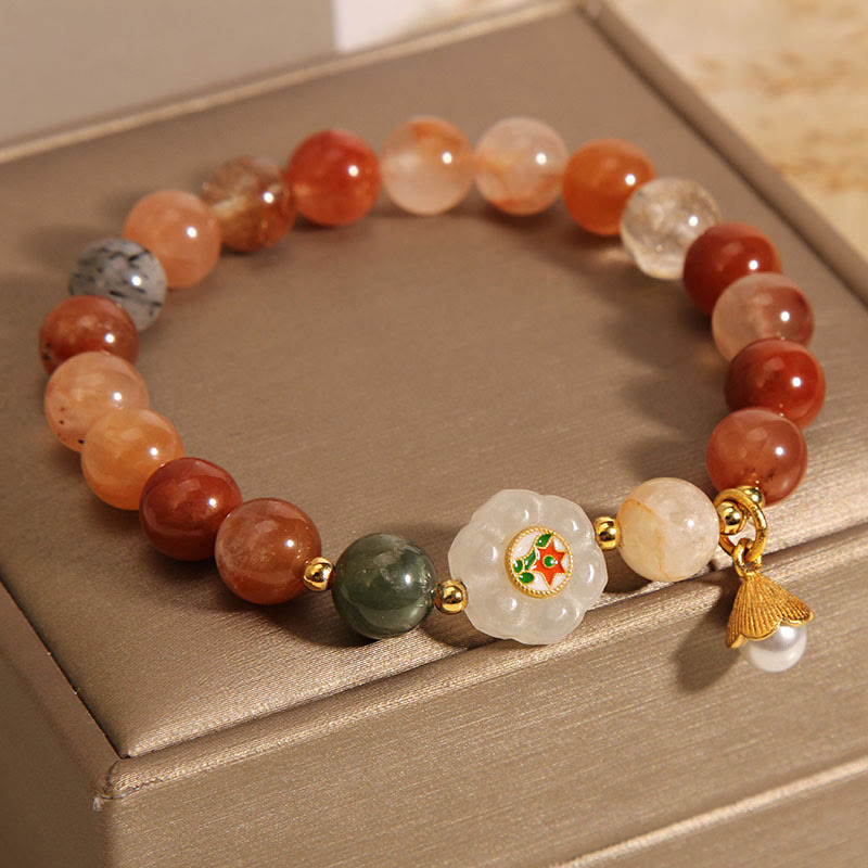 Mythstone Natural Fu Lu Shou Crystal Hetian White Jade Pearl Luck Bracelet