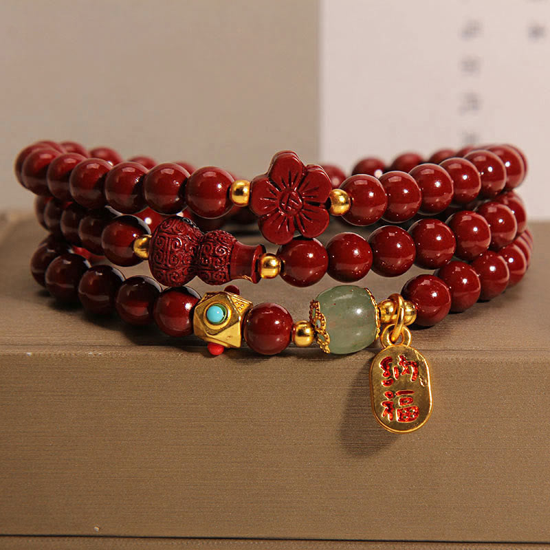 Mythstone Cinnabar Fu Character Flower Gourd Triple Wrap Blessing Bracelet