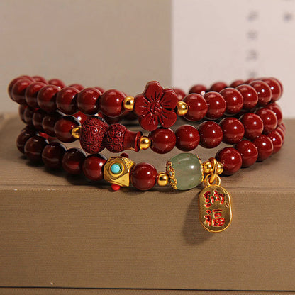 Mythstone Cinnabar Fu Character Flower Gourd Triple Wrap Blessing Bracelet