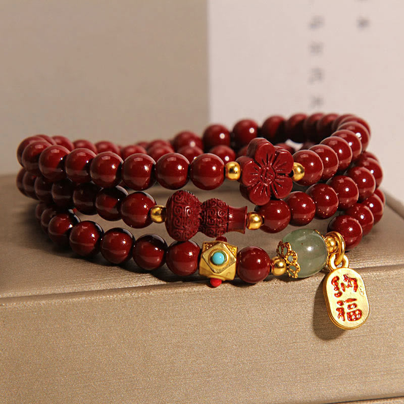 Mythstone Cinnabar Fu Character Flower Gourd Triple Wrap Blessing Bracelet