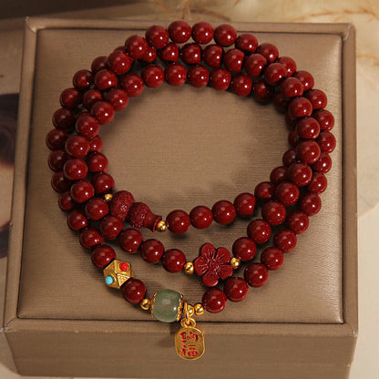 Mythstone Cinnabar Fu Character Flower Gourd Triple Wrap Blessing Bracelet