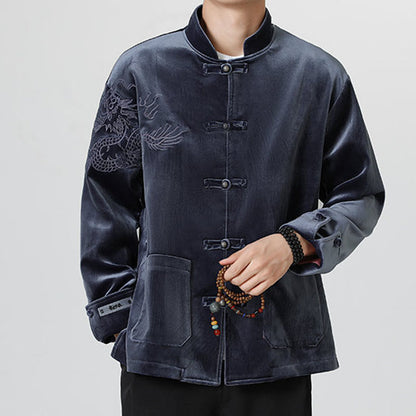 Mythstone Embroider Dragon Casual Frog-button Cotton Men's Jacket Shirt Clothing