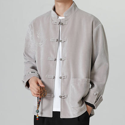 Mythstone Embroider Dragon Casual Frog-button Cotton Men's Jacket Shirt Clothing