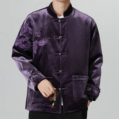 Mythstone Embroider Dragon Casual Frog-button Cotton Men's Jacket Shirt Clothing