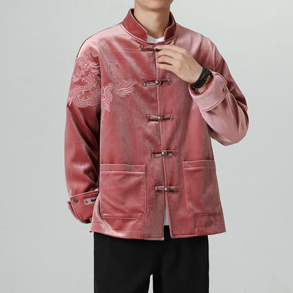 Mythstone Embroider Dragon Casual Frog-button Cotton Men's Jacket Shirt Clothing