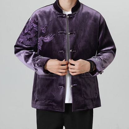 Mythstone Embroider Dragon Casual Frog-button Cotton Men's Jacket Shirt Clothing