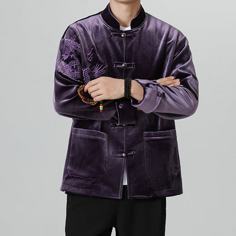 Mythstone Embroider Dragon Casual Frog-button Cotton Men's Jacket Shirt Clothing