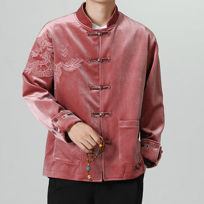 Mythstone Embroider Dragon Casual Frog-button Cotton Men's Jacket Shirt Clothing