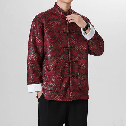 Mythstone Frog-Button Chinese Tang Suit Wave Shape Long Shirt Men Jacket Clothing