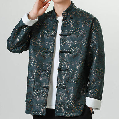 Mythstone Frog-Button Chinese Tang Suit Wave Shape Long Shirt Men Jacket Clothing