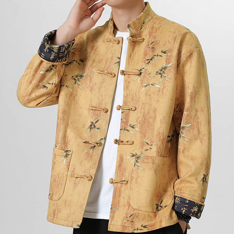 Mythstone Frog-Button Chinese Tang Suit Stand Collar Lanting Xu Character Long Shirt Men Jacket Clothing