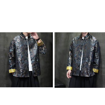 Mythstone Frog-Button Chinese Tang Suit Stand Collar Long Shirt Men Jacket Clothing