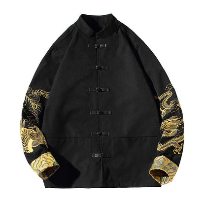 Mythstone Embroider Dragon Phoenix Casual Frog-button Cotton Men's Jacket Shirt Clothing