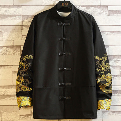 Mythstone Embroider Dragon Phoenix Casual Frog-button Cotton Men's Jacket Shirt Clothing