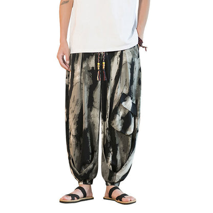 Mythstone Ice Silk Drop Ink Tie-dye Gradient Stripes Casual Cotton Men's Pants With Pockets