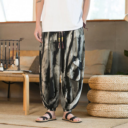 Mythstone Ice Silk Drop Ink Tie-dye Gradient Stripes Casual Cotton Men's Pants With Pockets