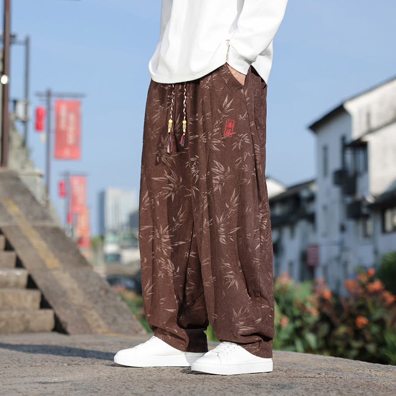 Mythstone Embroider Leaves Casual Cotton Men's Pants With Pockets