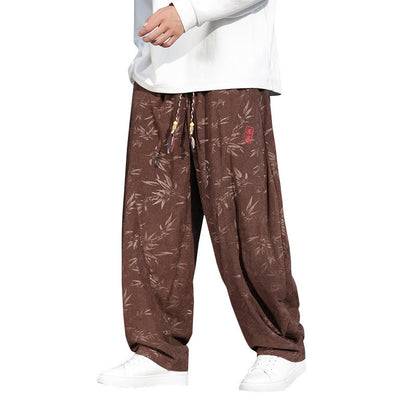 Mythstone Embroider Leaves Casual Cotton Men's Pants With Pockets