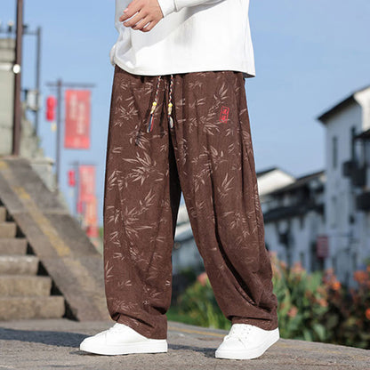 Mythstone Embroider Leaves Casual Cotton Men's Pants With Pockets