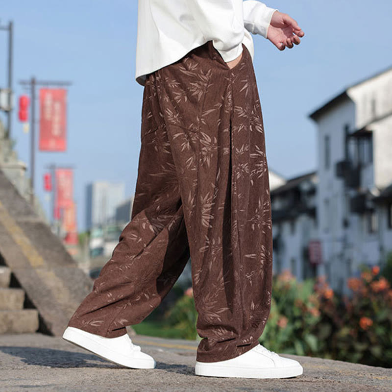 Mythstone Embroider Leaves Casual Cotton Men's Pants With Pockets