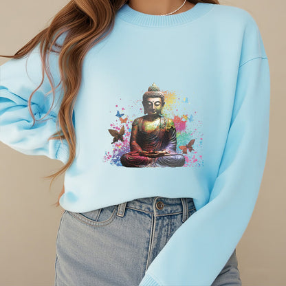 Mythstone Colorful Butterfly Flying Meditation Buddha Fleece Lined Polyester Sweatshirt