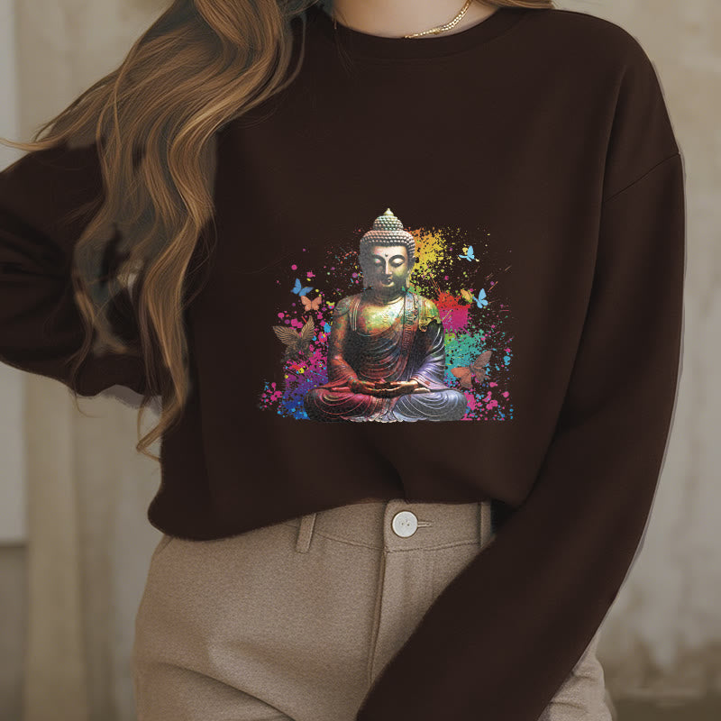 Mythstone Colorful Butterfly Flying Meditation Buddha Fleece Lined Polyester Sweatshirt