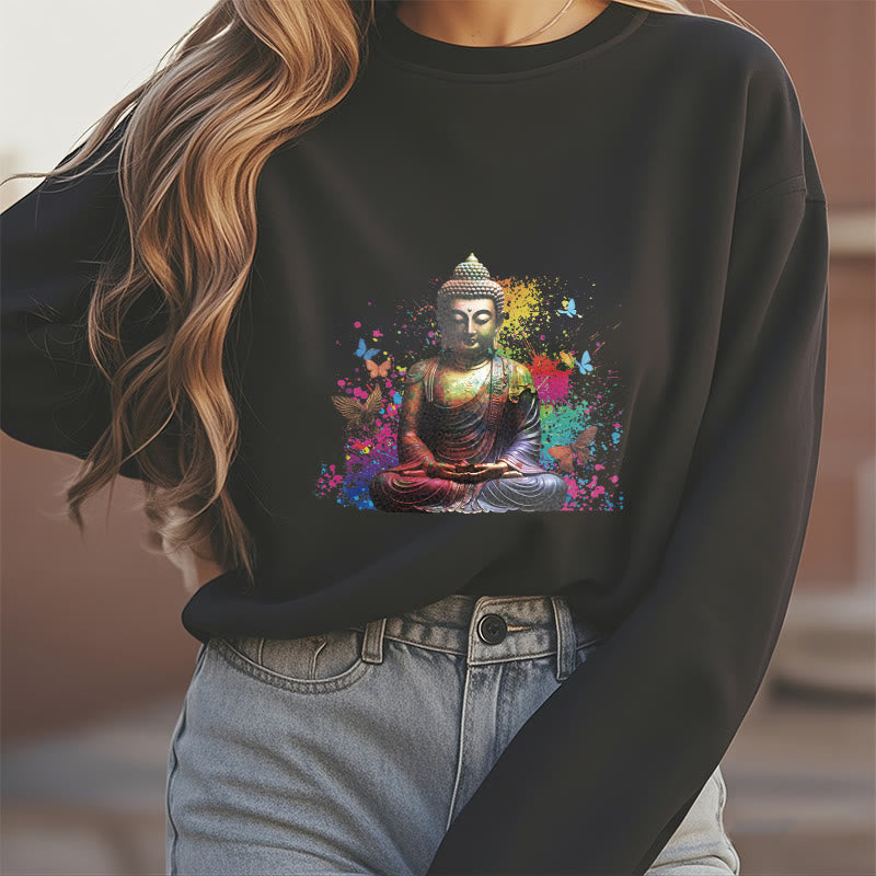 Mythstone Colorful Butterfly Flying Meditation Buddha Fleece Lined Polyester Sweatshirt