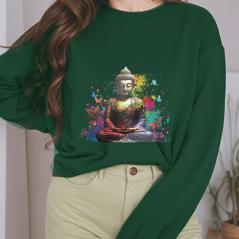 Mythstone Colorful Butterfly Flying Meditation Buddha Fleece Lined Polyester Sweatshirt