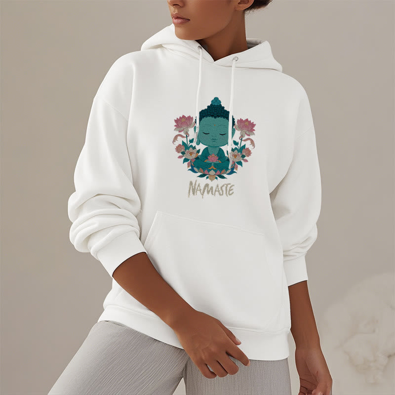 Sudadera con capucha de poliéster con forro polar y diseño de meditación de Buda y loto NAMASTE de Mythstone 